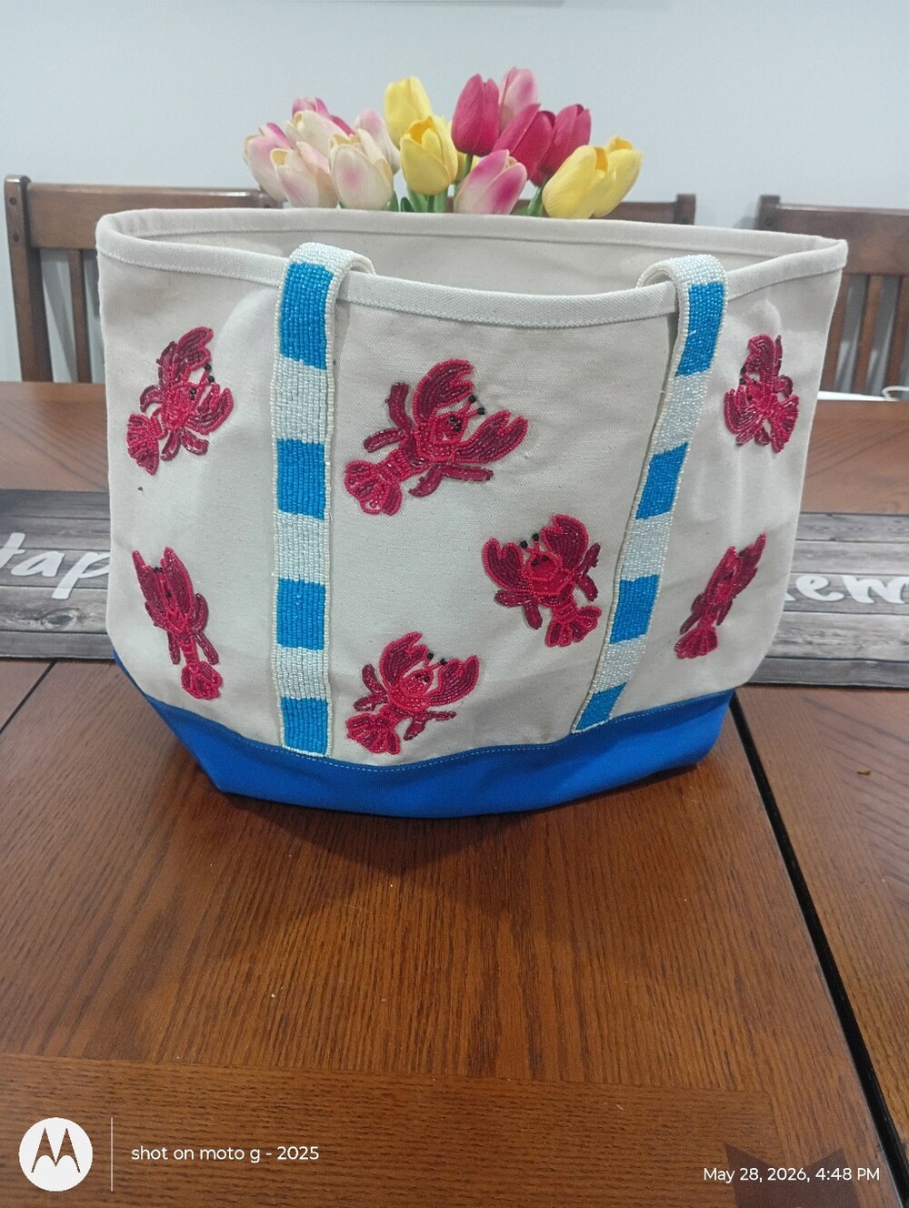 Made In India Beaded Canvas Tote Bag with Blue Trim and Red Embroidered Crabs